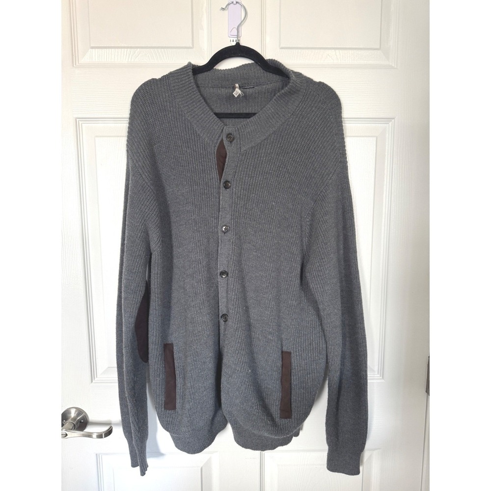 Peter Millar Mens XL‎ Grey Wool Cotton Ribbed Cardigan Sweater Elbow Patches